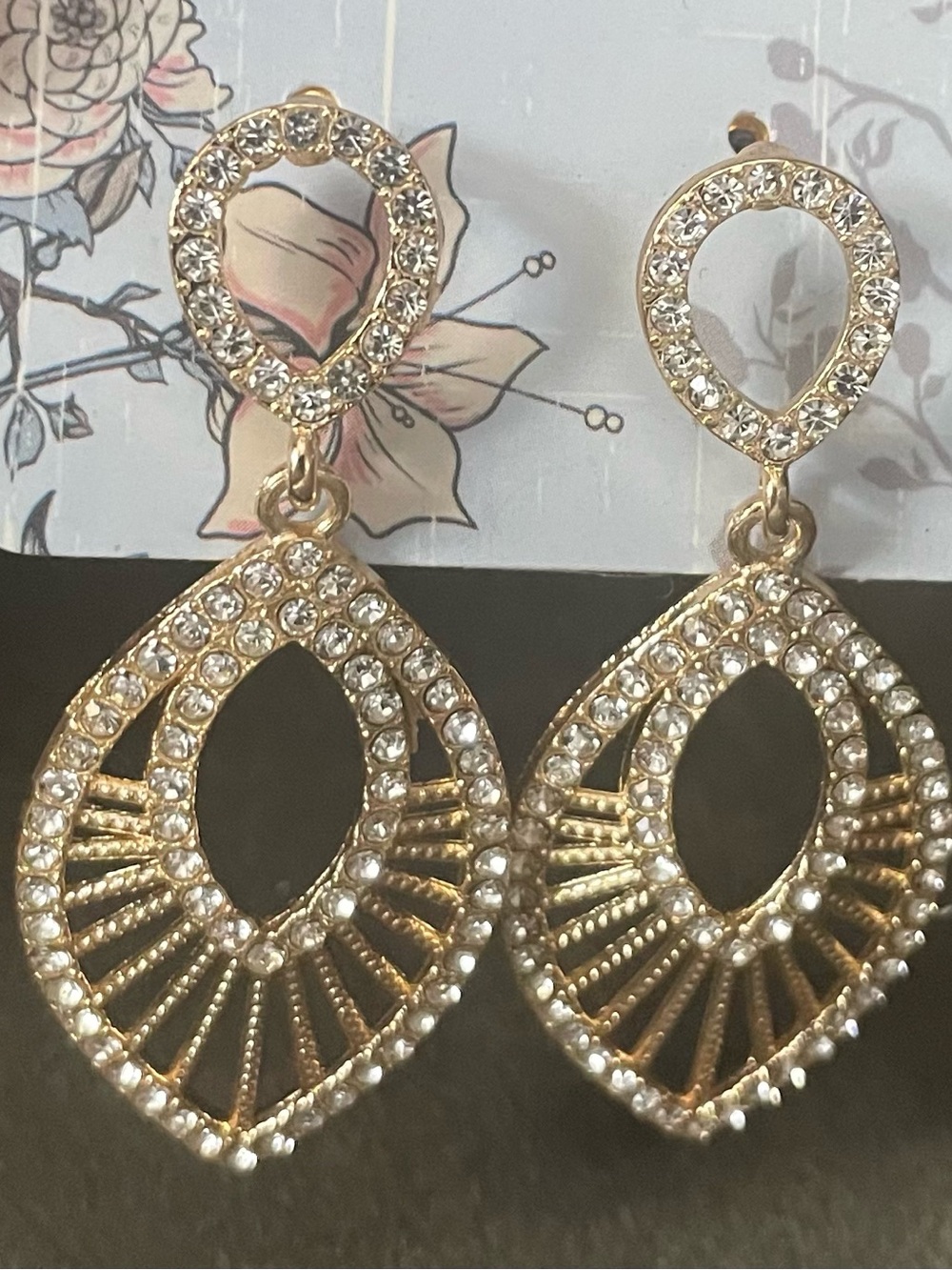 Gold Crystal Teardrop Dangle Earrings - Sparkling Gold Tone New